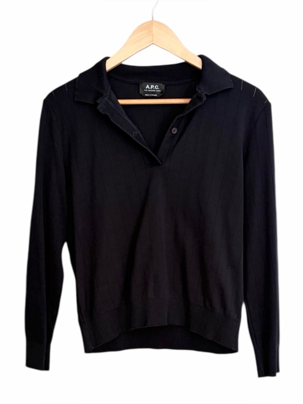 A.P.C Navy Blue Dora Long Sleeve Knit Polo Shirt